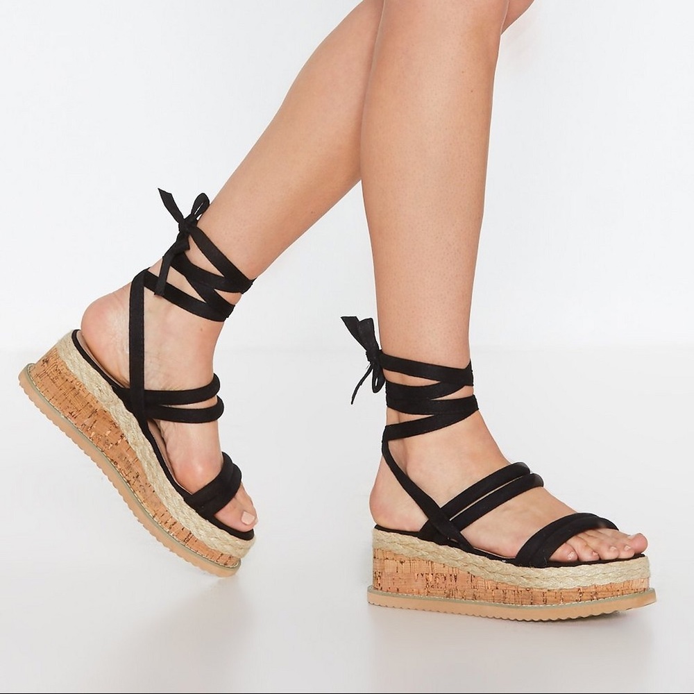 Nasty Gal Black Cork Wrap Platforms